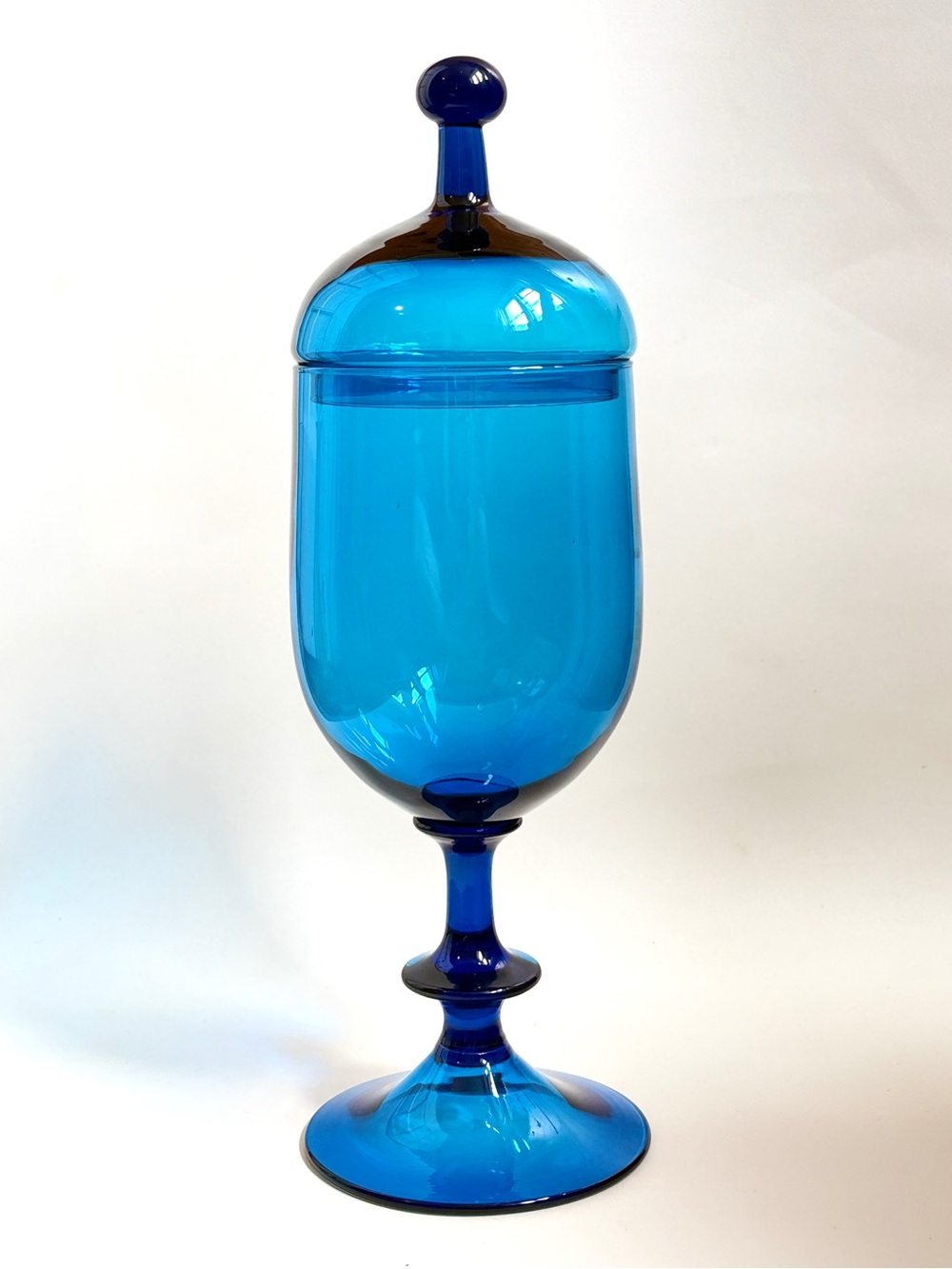 Empoli Blue Glass Pedestal Apothecary Jar Lid Italian Art Glass 16.5” MCM Italy